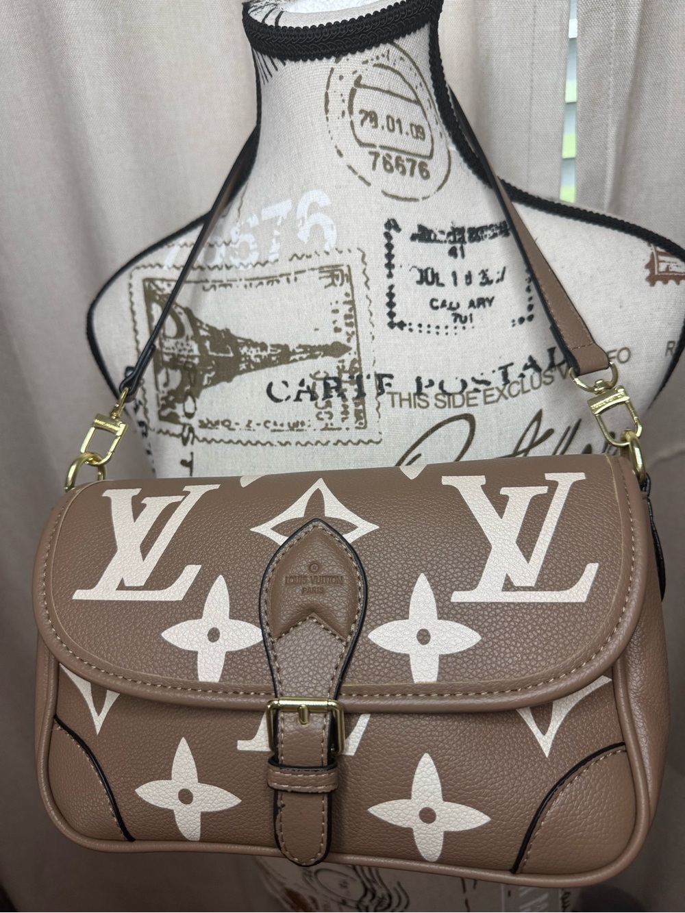 Brown Monogram Print Crossbody Shoulder Bag with Adjustable Straps